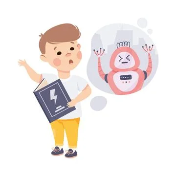 Little Boy Imagining Robot in Bubble Reading Book Having Fantasy Vector Stock Illustration