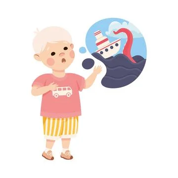 Little Boy Imagining Ship and Marine Monster in Bubble Having Fantasy Vector Stock Illustration
