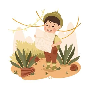 Little Boy in the Jungle Looking on Map Exploring Tropical Environment Vector 스톡 일러스트