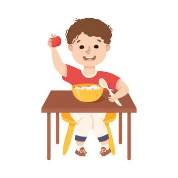Little Boy at Kitchen Table Eating Porridge for Breakfast Engaged in Daily Stock Illustration