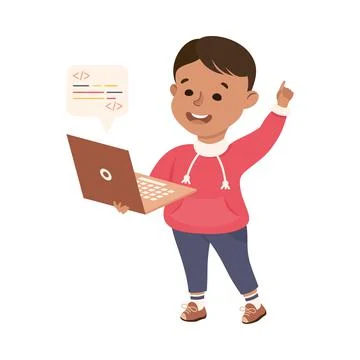Little Boy with Laptop Representing Software Specialist or Coder Profession 스톡 일러스트