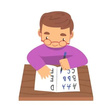 Little Boy Learning to Write, Elementary School Student Writing English Letters Stock Illustration