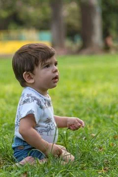 Little boy looking away while sitting on the grass in a park. Stock Photos