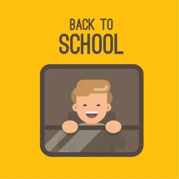 A little boy looking out the window of a yellow school bus. Back to school Stock Illustration