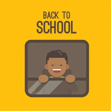 A little boy looking out the window of a yellow school bus. Back to school Stock Illustration