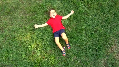 Little boy lying down in the middle of a field. Aerial view Stock Footage 92309146