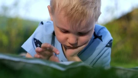 Little boy lying on grass and playing with Tablet, summer outdoors Stock Footage 89518190