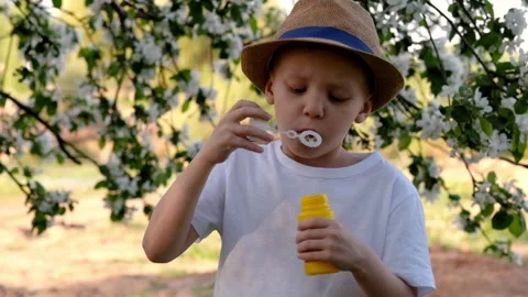 Little boy is making bubbles in the sunshine Stock Footage 89860871