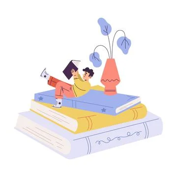 Little Boy with Open Book Lying on Huge Book Reading Interested with Story Stock Illustration