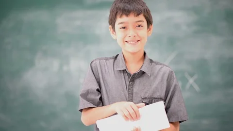 Little boy open empty box in the classroom Stockbeeldmateriaal 105273143