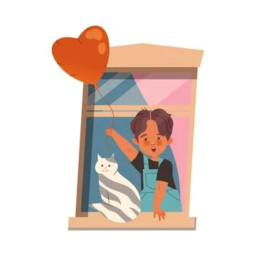 Little Boy in Open Window with Cat and Red Heart Balloon Vector Illustration Ilustración de archivo