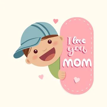 A little boy peeks behind a message with the text I love you mom. Mothers Day Stock Illustration
