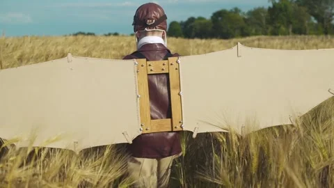 Little boy in pilot suit with artificial wings on his back walks through field. Stock Footage 279896114