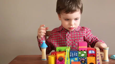Little Boy Playes With Blocks Stock Footage 66252198