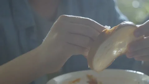 A little boy is playing and counting bread slices. hands close-up. Stock Footage 201917022