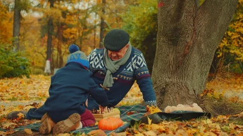 Little boy is playing chess with his grandfather in the autumn park under the Stock Footage 83677994