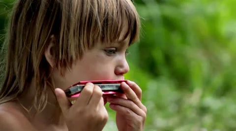 Little boy playing the harmonica Stock Footage 25673683