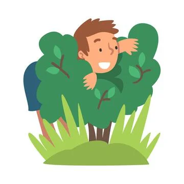 Little Boy Playing Hide and Seek Concealing Behind Bush Vector Illustration Stock Illustration