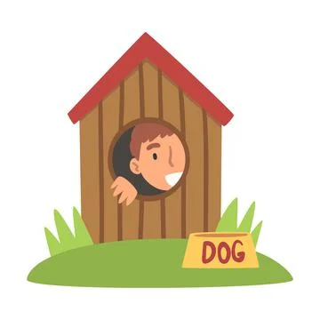 Little Boy Playing Hide and Seek Concealing in Dog Kennel Vector Illustration Stock Illustration
