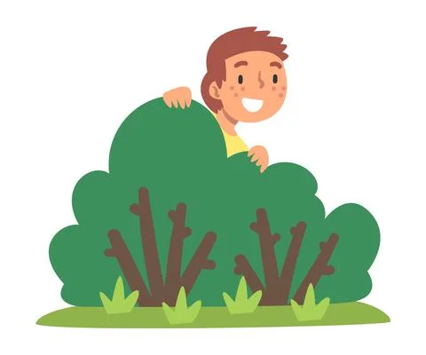 Little Boy Playing Hide and Seek Concealing Behind Bush Vector Illustration Stock Illustration