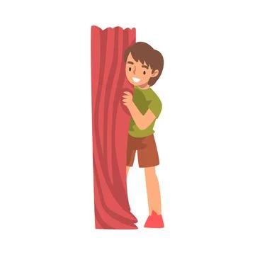 Little Boy Playing Hide and Seek Concealing Behind Tree Trunk Vector Stock Illustration