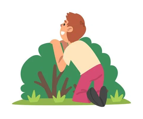 Little Boy Playing Hide and Seek Concealing Behind Bush Vector Illustration Stock Illustration