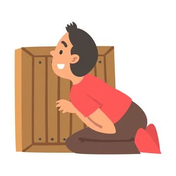 Little Boy Playing Hide and Seek Concealing Behind Wooden Crate Vector Stock Illustration