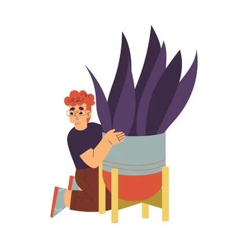 Little Boy Playing Hide and Seek Game Sitting Behind Houseplant Vector Stock Illustration