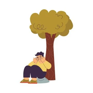 Little Boy Playing Hide and Seek Sitting Near Tree and Counting with Closed Eyes Stock Illustration