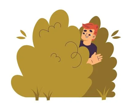 Little Boy Playing Hide and Seek Game Sitting Behind Bush Vector Illustration 스톡 일러스트