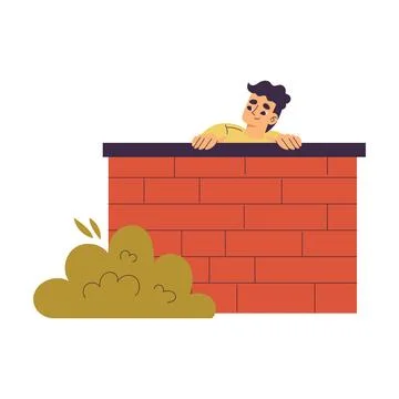 Little Boy Playing Hide and Seek Game Sitting Behind Brick Wall Vector 스톡 일러스트