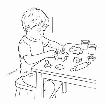 Little boy playing with modeling clay on table Silhouette Иллюстрация