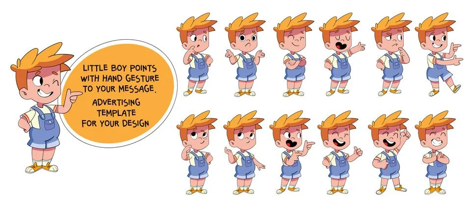 A little boy points with a hand gesture to your message. Advertising template Stock Illustration