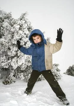 Little boy posing with hand up in a wintry snowy place Stock Photos