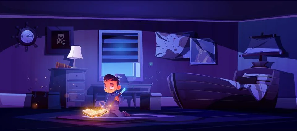 Little boy practice magic with wand and spell book Ilustração Stock