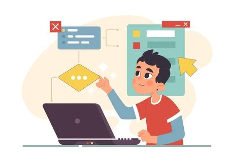 Little boy programming and coding. Computer science education Stock Illustration