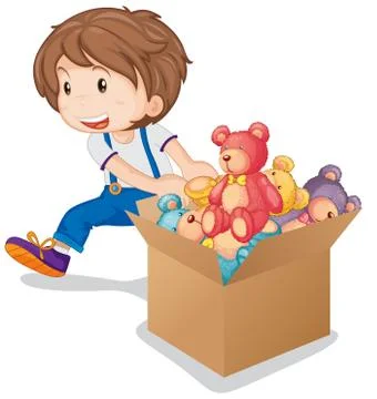 Little boy pulling box of teddy bears Illustrazione stock