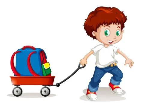 Little boy pulling cart with backpack on it Illustrazione stock
