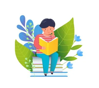 Little boy reading book flat vector illustration Stock Illustration