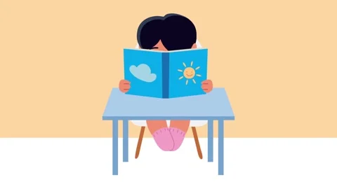 Little boy reading book sitting at table inside classroom for study animation Stock Footage 339115034