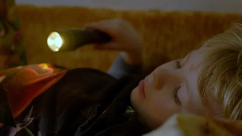Little boy reading a book on a sofa with a flashlight 库存影片 172024103