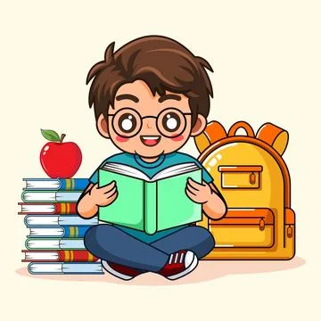 Little Boy Reading Book with Stack of Books and Backpack Vector Illustration Stock Illustration