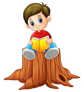 Little boy reading book on tree stump Stock Illustration