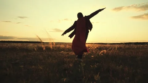 Little boy red cape runs sunset, silhouette superhero child running victory Stock Footage 244343983