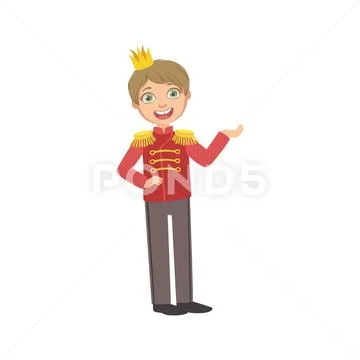 Little Boy In Red Military Jacket Dressed As Fairy Tale Prince Stock Illustration