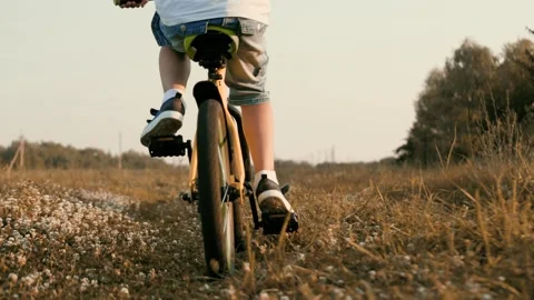 Little boy rides small bicycle across field in summer evening at sunset time Stock Footage 250028191