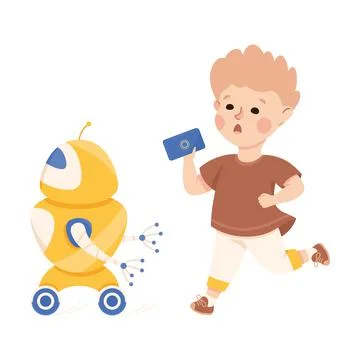 Little Boy with Robot and Control Panel Using Smart Technology and Artificial 스톡 일러스트