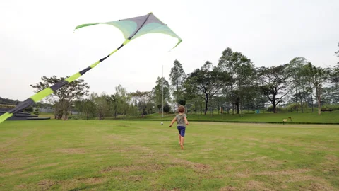 Little boy runs and accelerating as his kite with striped tail flies behind Stock Footage 280374449