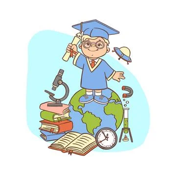 Little boy scientist, conquering the planet, successful child scientist Stock Illustration