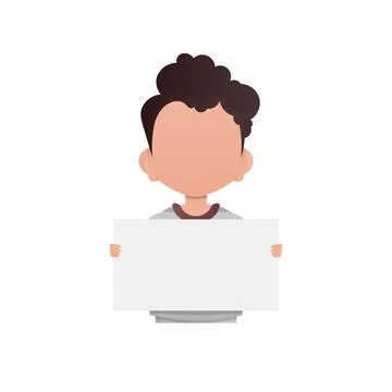 Little boy shows an empty banner. Isolated. Cartoon style. Stock Illustration